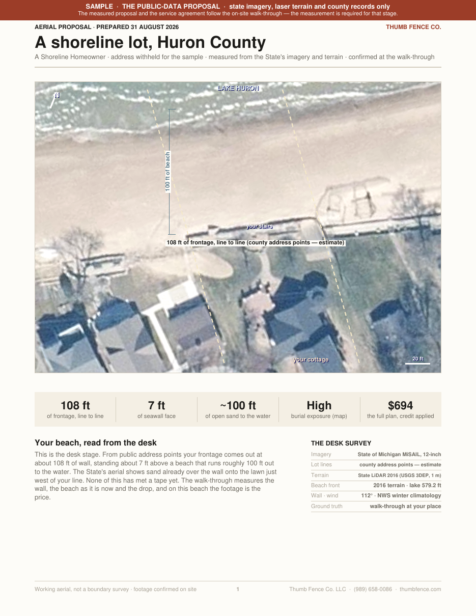 Page 1 — the lot from above with lot lines, beach depth and the desk-survey sources